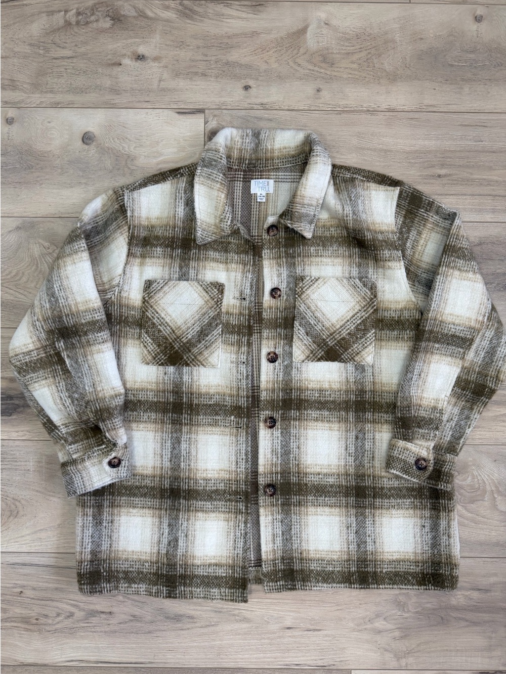 Women’s Time and Tru Brown & Cream Plaid Shacket